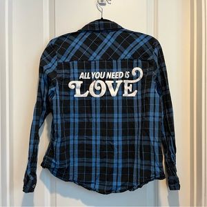 Zumba Fitness Blue and Black Plaid Button Down Shirt